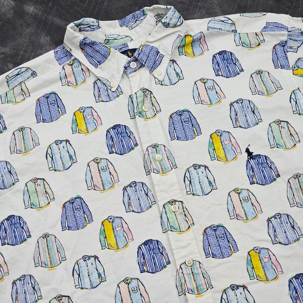 Ralph Lauren Button Down Mens 2XB White Oxford‎ Shirt Print Novelty Preppy Ivy